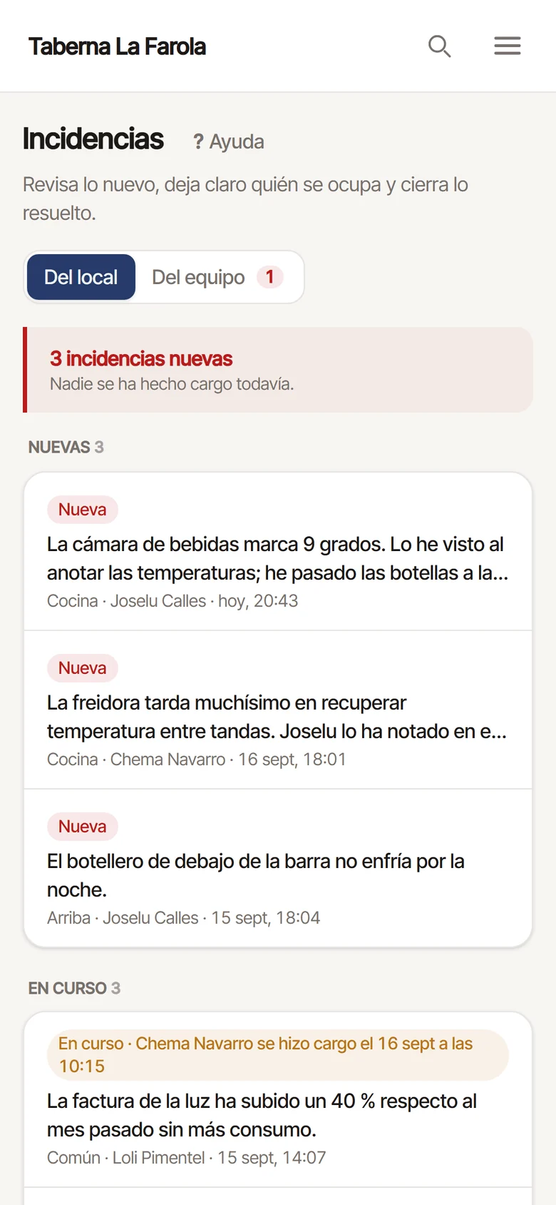 Pantalla de incidencias de Pauto en el móvil del gerente: la incidencia de la cámara de bebidas, quién la comunicó y a qué hora, lista para asignarse