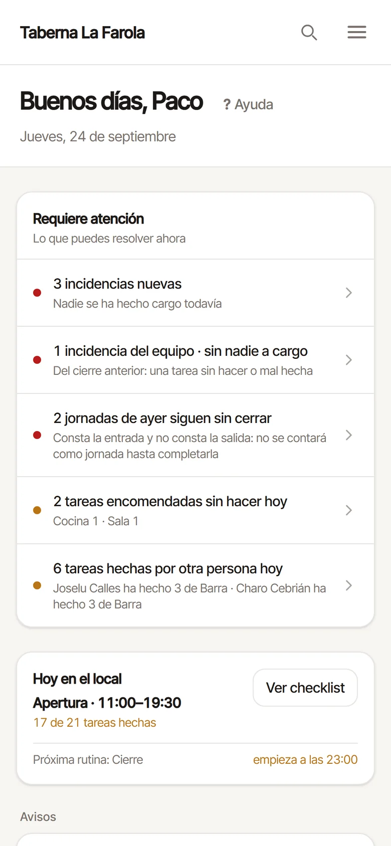 Inicio de gestión de Pauto en el móvil: el turno de hoy avanzado, las tareas que ya se han hecho y una incidencia abierta que requiere atención