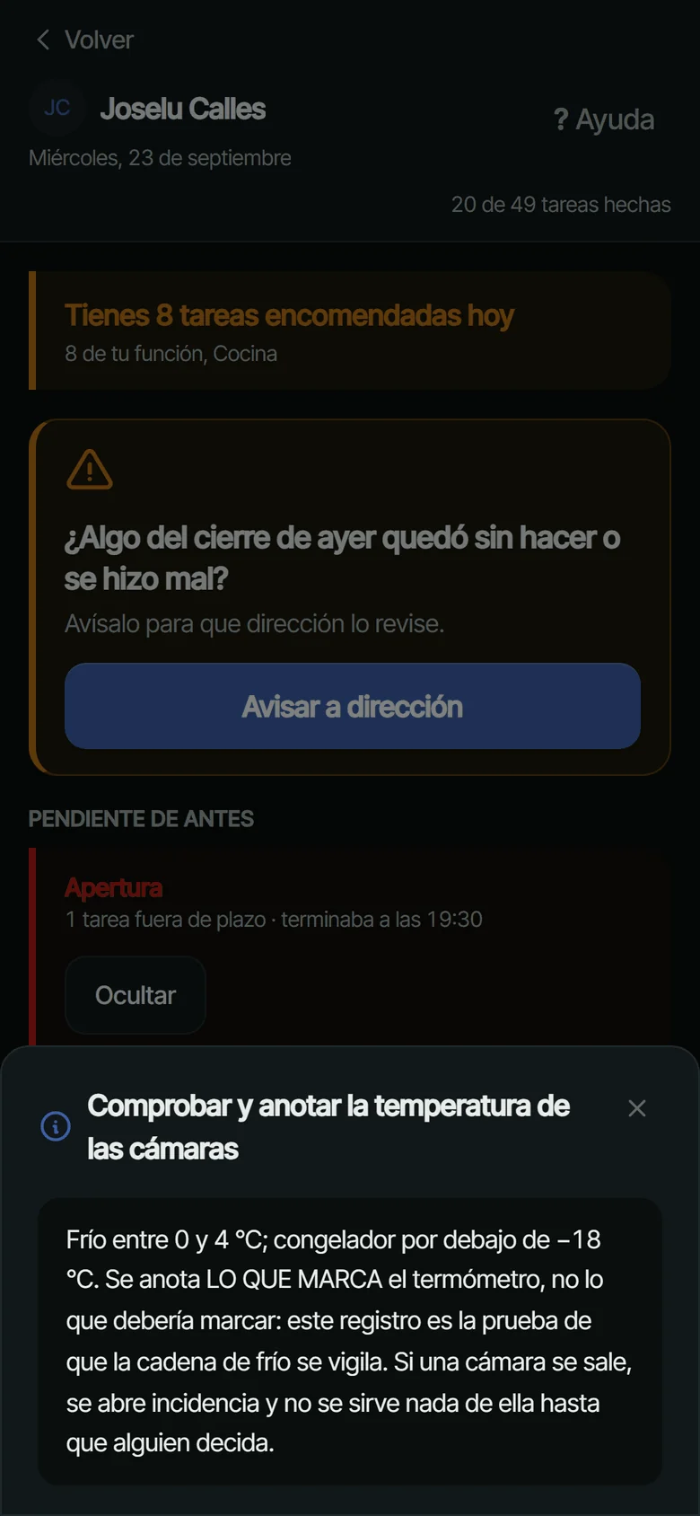 Pantalla de Pauto con la explicación de una tarea abierta: cómo se hace y por qué, tal como la lee el empleado al pulsar el icono de información