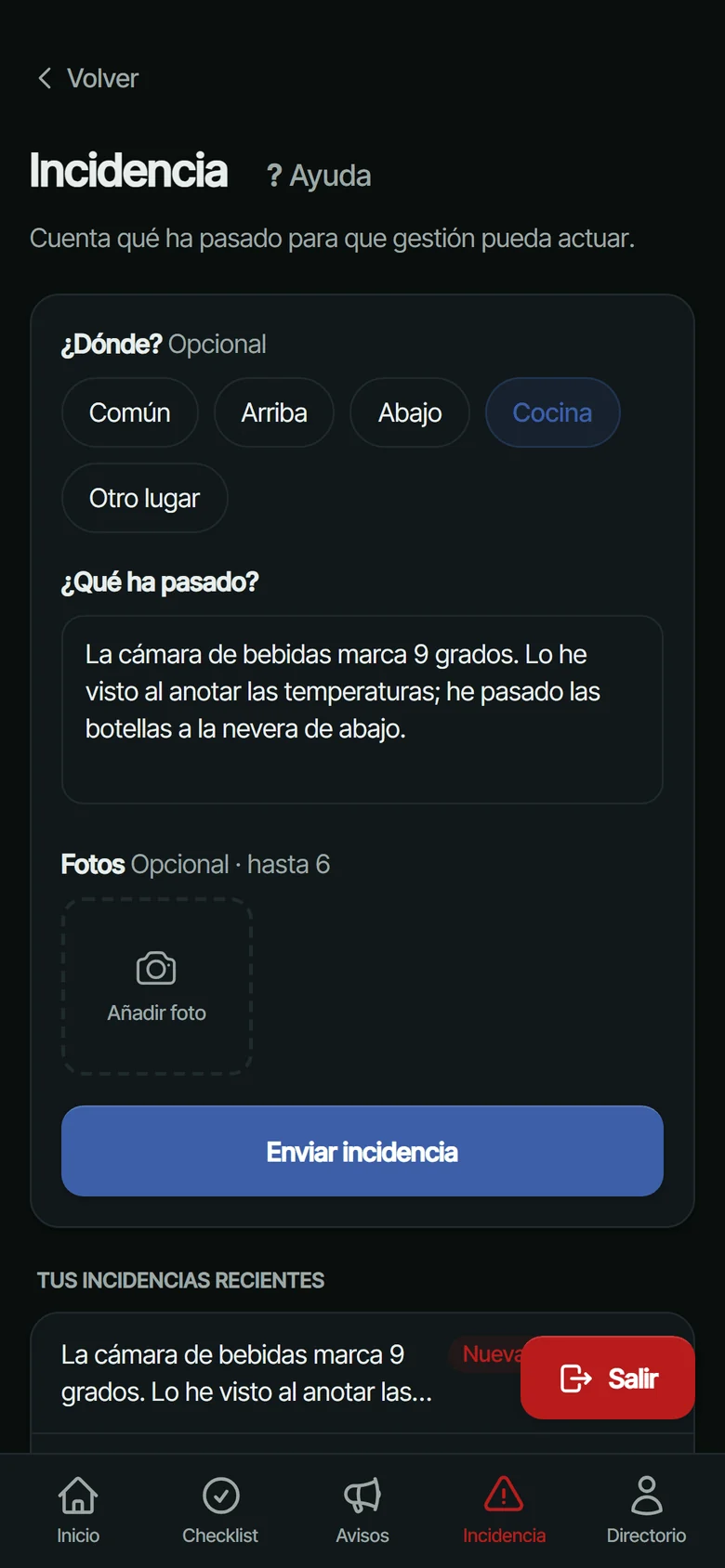 Formulario de Pauto para comunicar una incidencia, relleno: la cámara de bebidas marca 9 grados